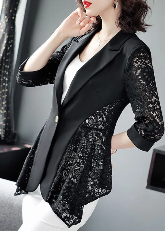 Stylish Black Notched Collar Lace Patchwork Hollow Out Spandex Coats Summer