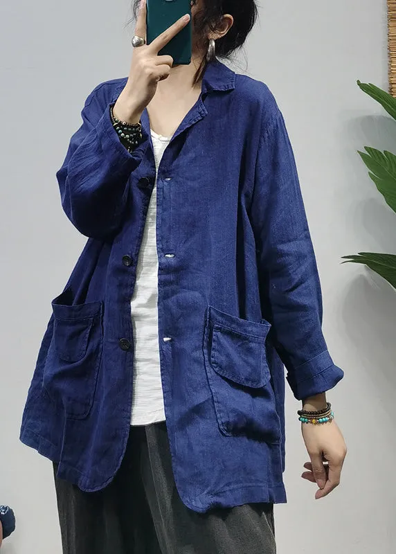 Stylish Blue Button Peter Pan Collar Pockets Linen Coats Long Sleeve