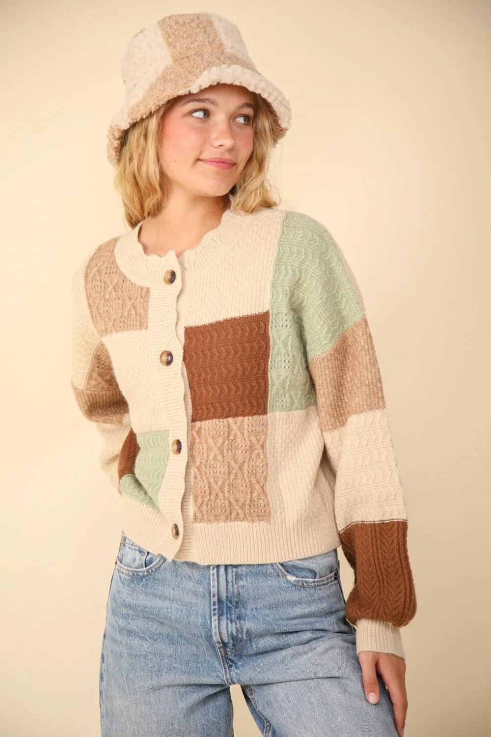 Sweater Cardigan VERY J Color Block Button Down Textured