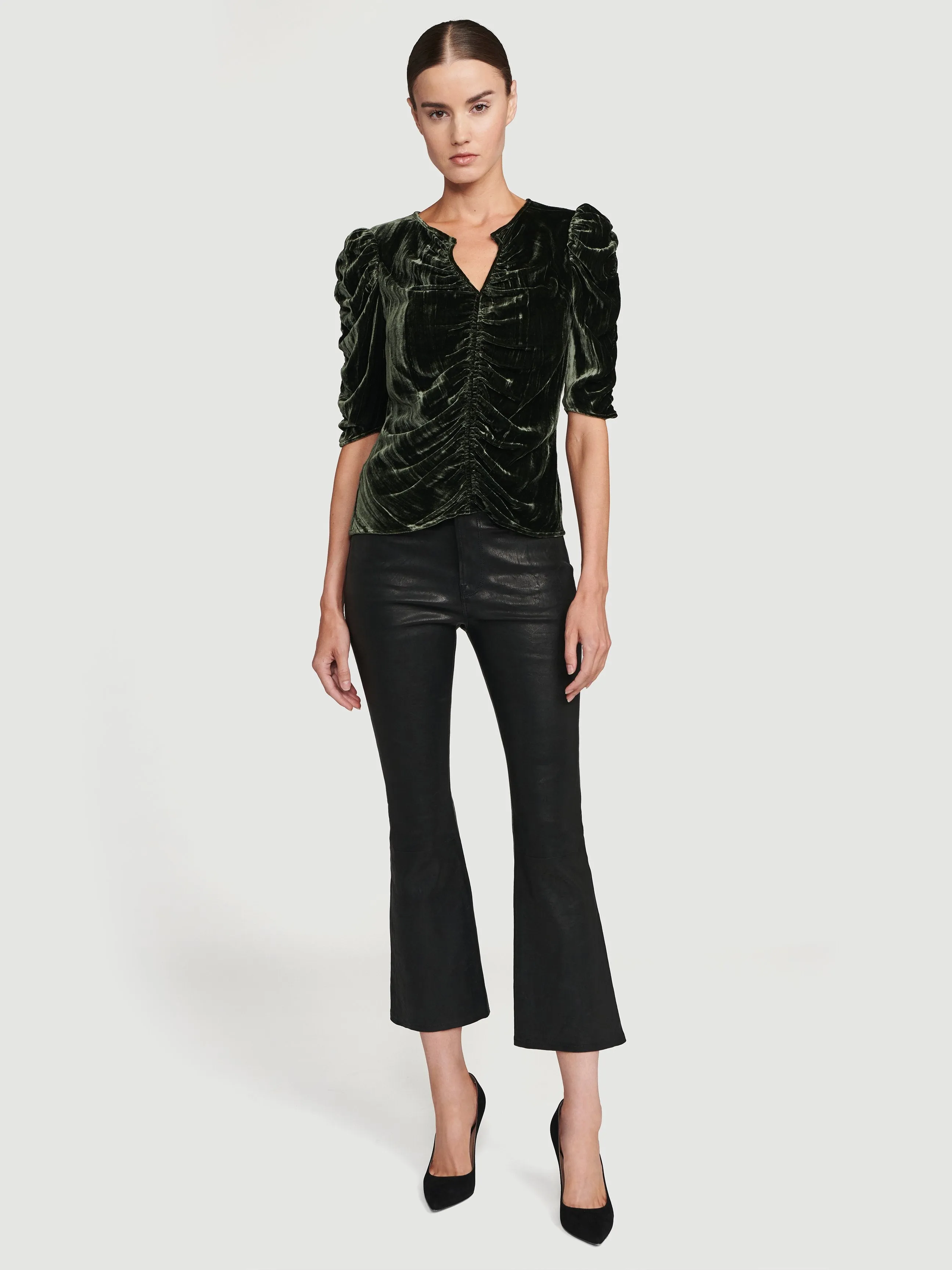 Velvet Shirred Keyhole Top -- Deep Moss