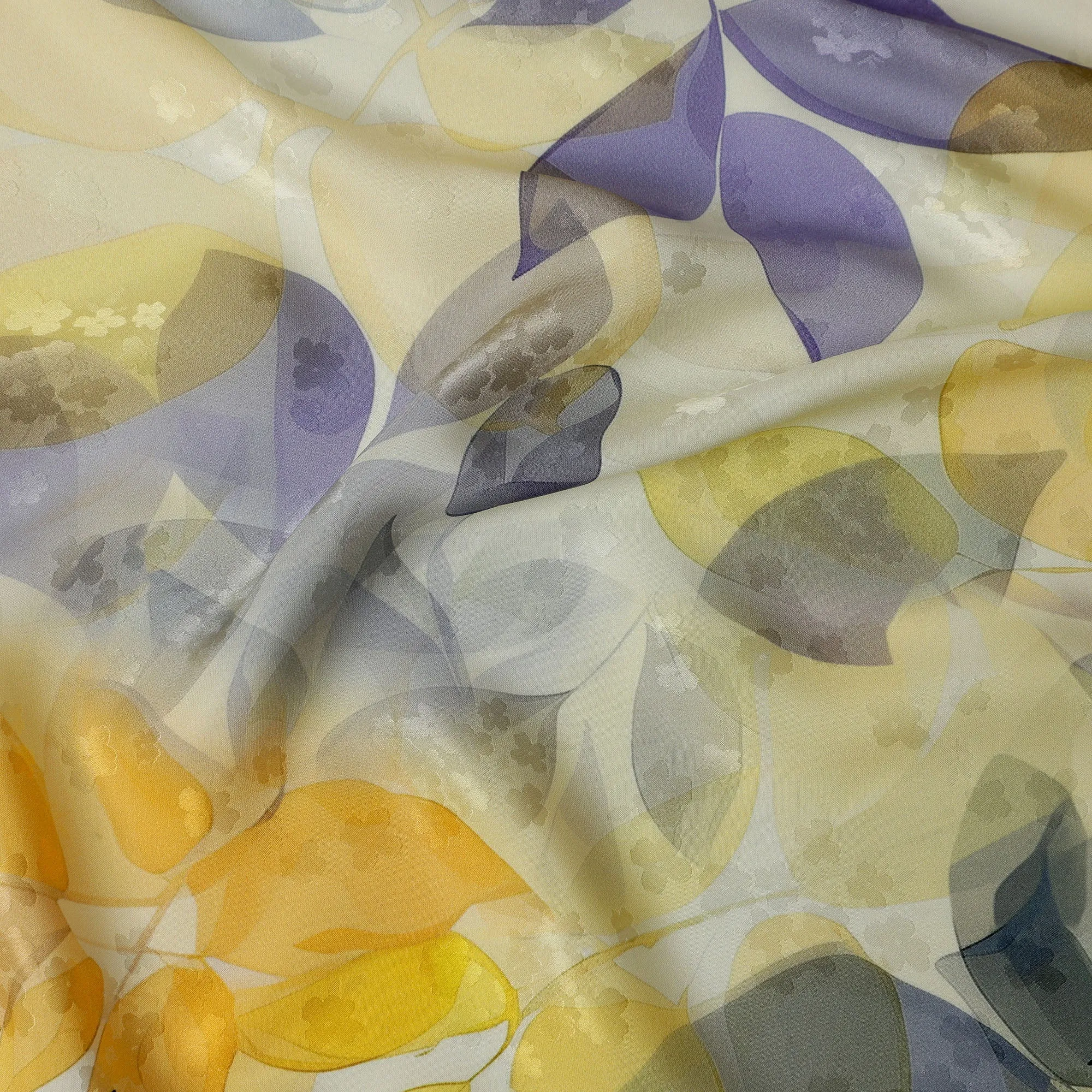 Yellow and Purple Leaf Print Pure Silk Satin Fabric, 140 cm Width, Made in Italy -D21158